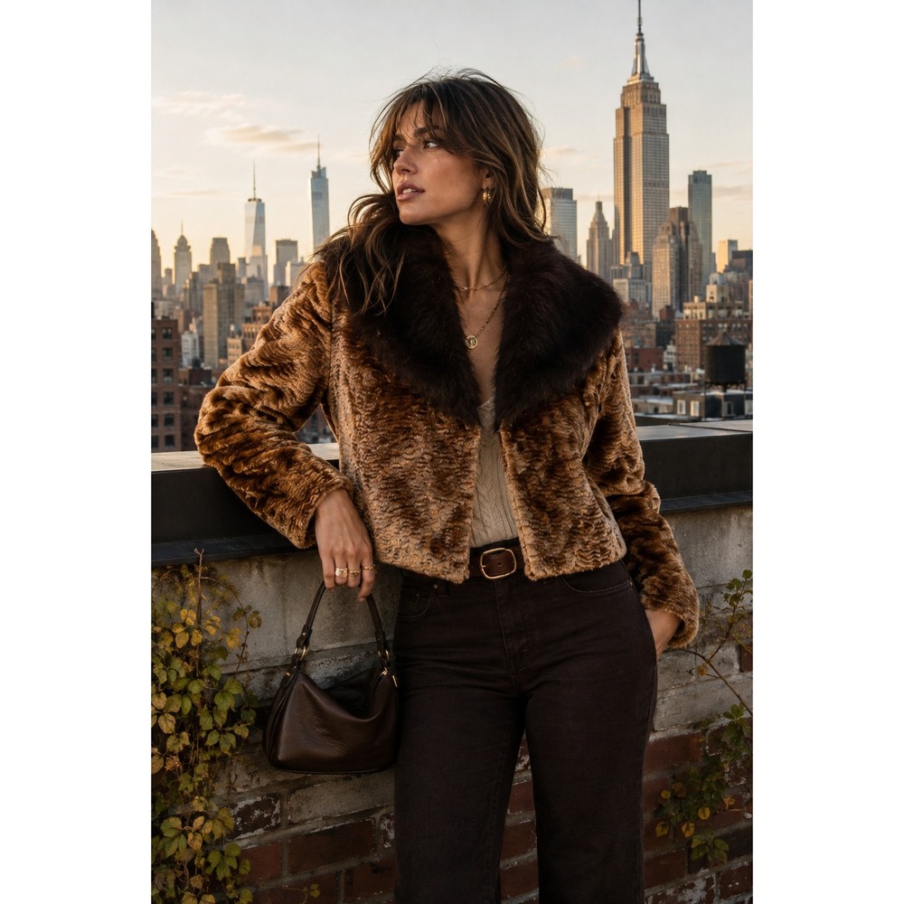 Surrealist Faux Fur Cropped Jacket M Brown 70s Boho Penny Lane Statement Coat